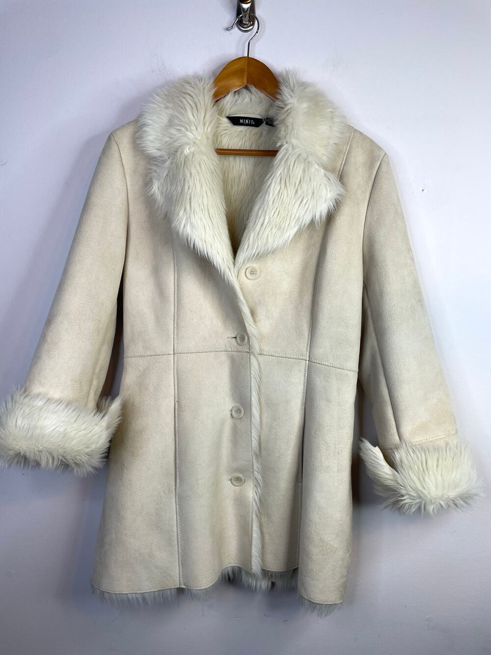 Mixit Y2K Faux Vegan Suede Fur Penny Lane Coat Light Beige Cream Boho 2000s S